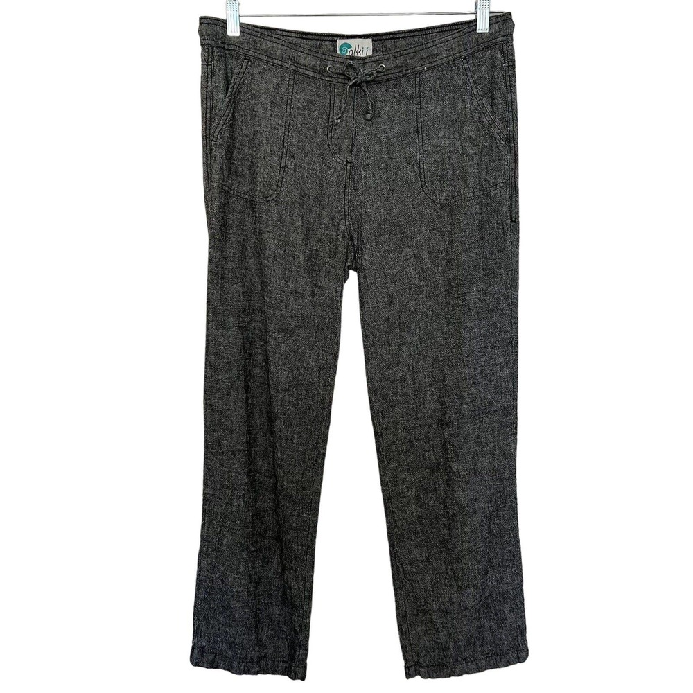 🌵 Alki' Women's Gray Flat Front Linen Blend Drawstring Zip Pants - Size Medium